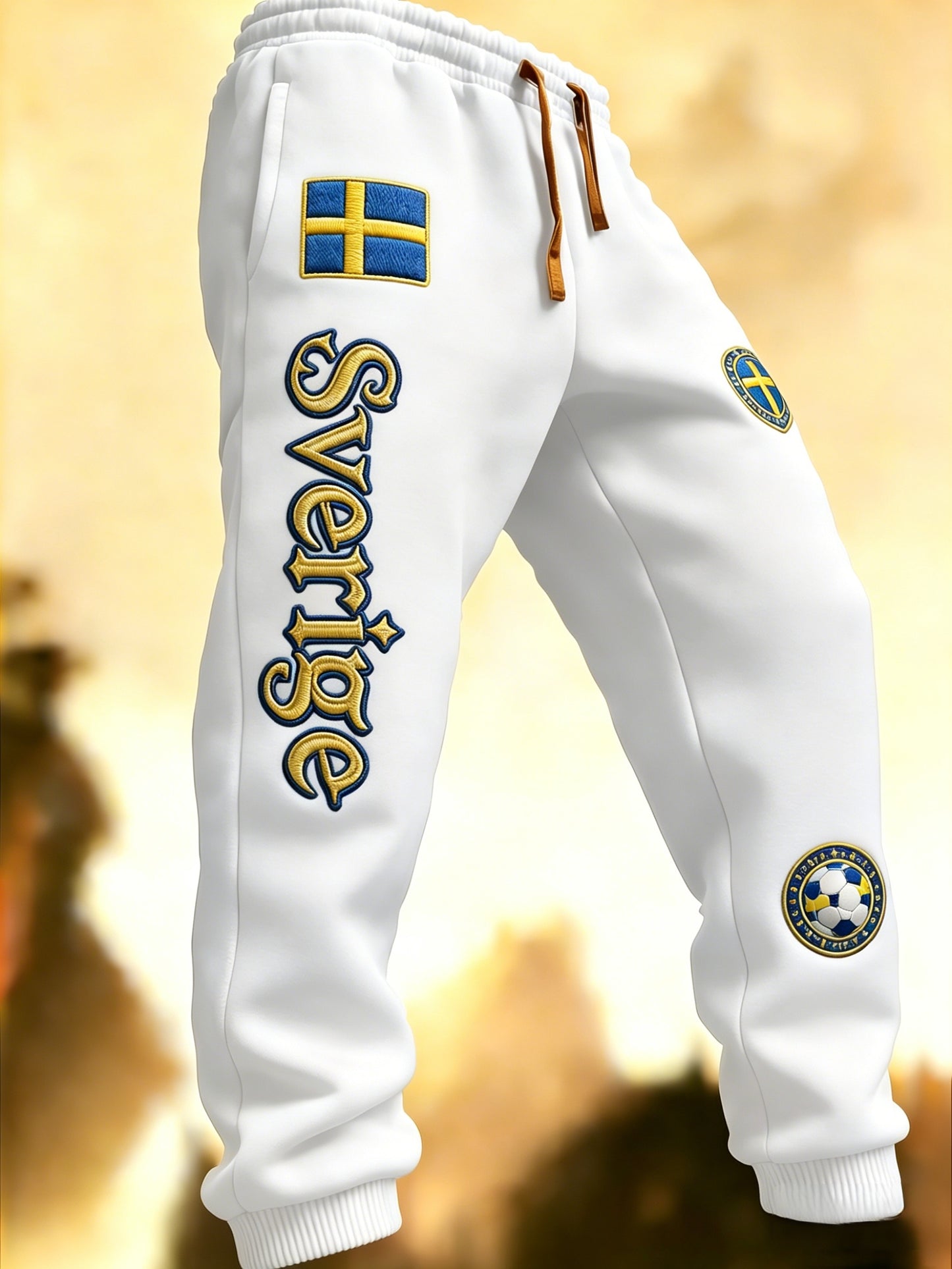 Herrbyxor i retrovikingstil med svensk fotbollsflagga som detalj, avslappnad stil
