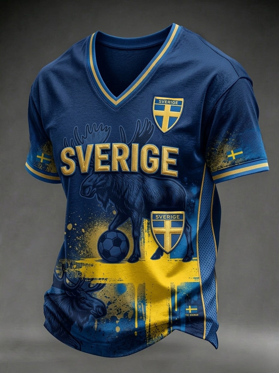 Herr Retro Svensk fotbollsfläkt Casual Sporty V-hals T-shirt