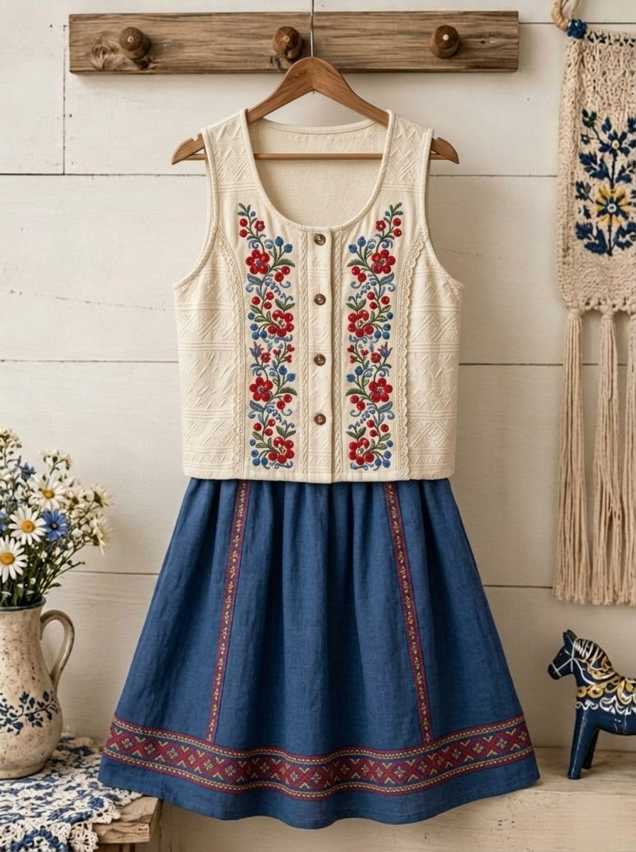 Dams väst i retrostil med svensk midsommar-, folk- och blommotiv