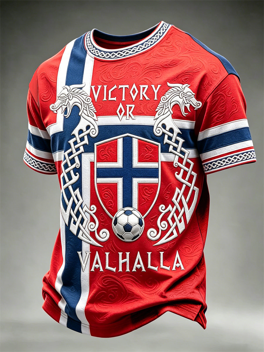 Menns seier eller Valhall Norge fotball viking keltisk flagg fargeblokktrykk t-skjorte med kortermet