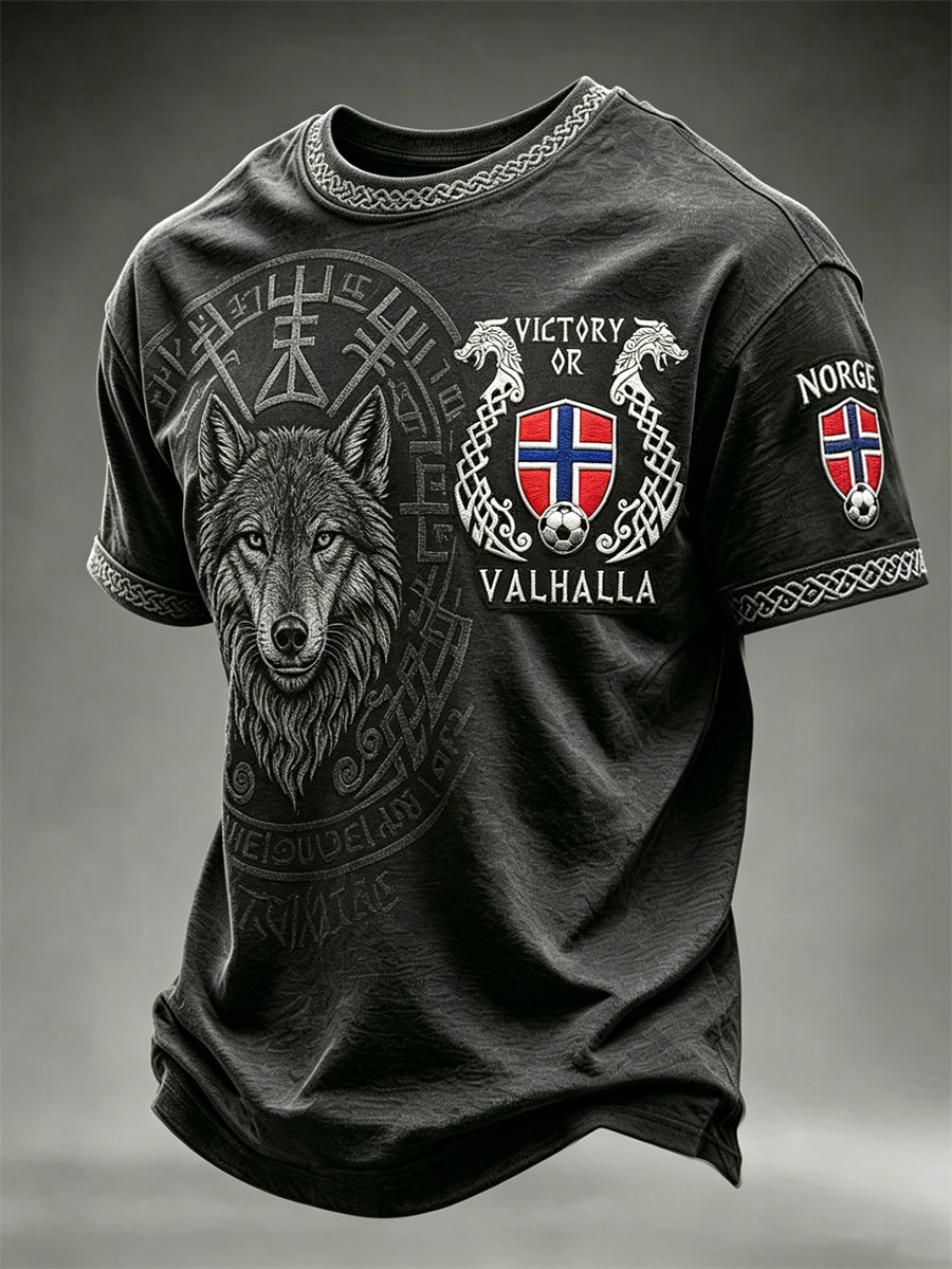 Menns seier eller Valhall Norge fotball viking ulv og Vegvisir trykk t-skjorte med korte ermer