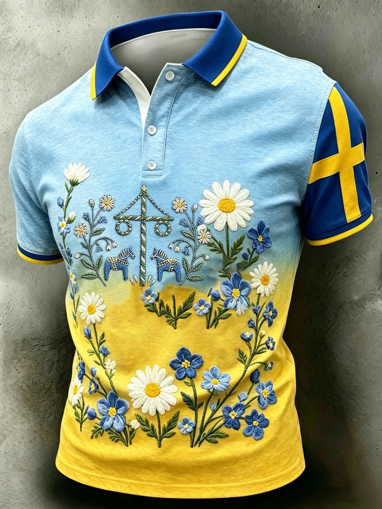 Mäns Retro Svenska midsommar Folkblommis Kort ärm Polo tröj