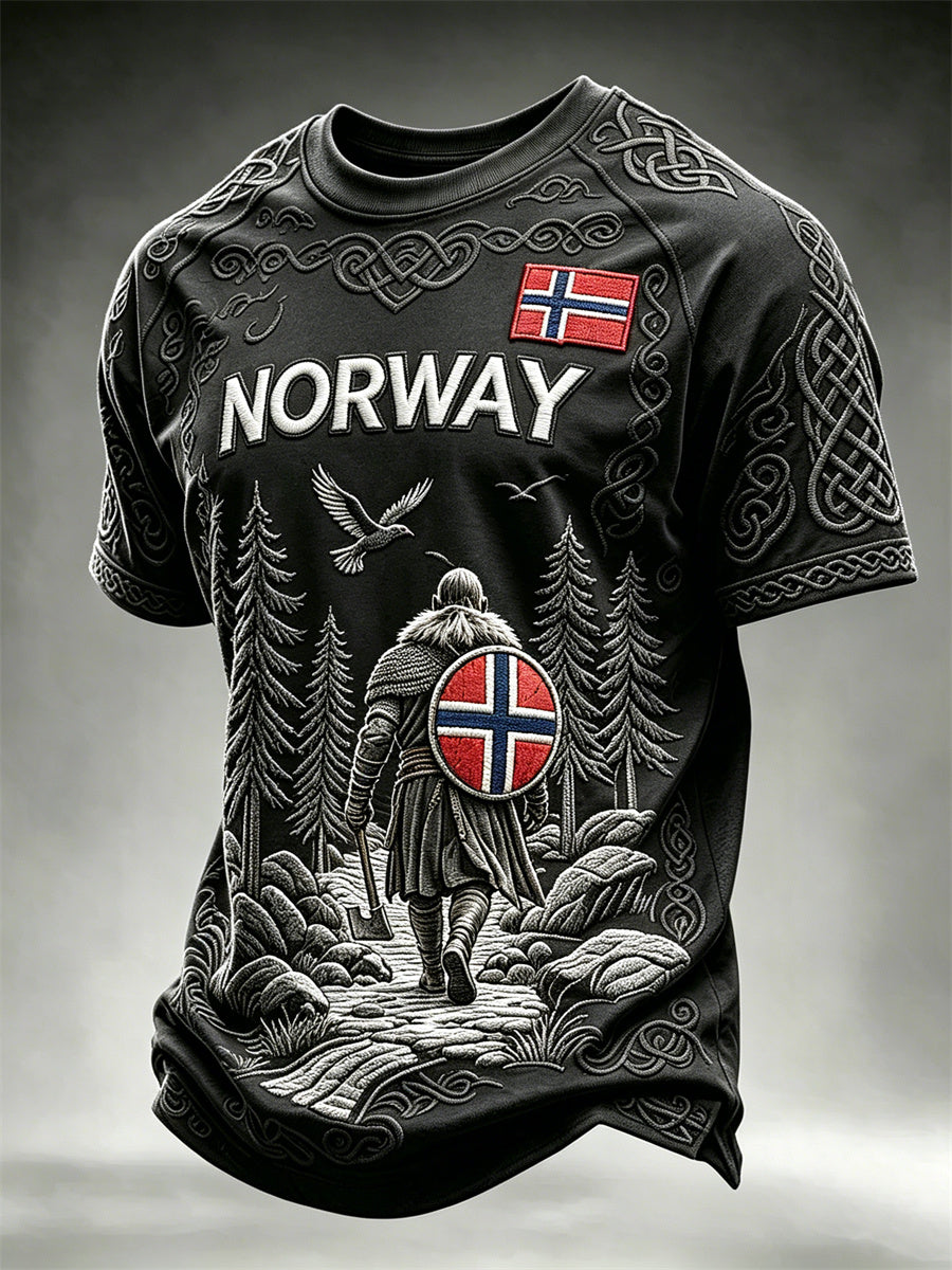 Herre-Norge-vikingkriger mørk skog keltisk knute flaggtrykk t-skjorte med korte ermer