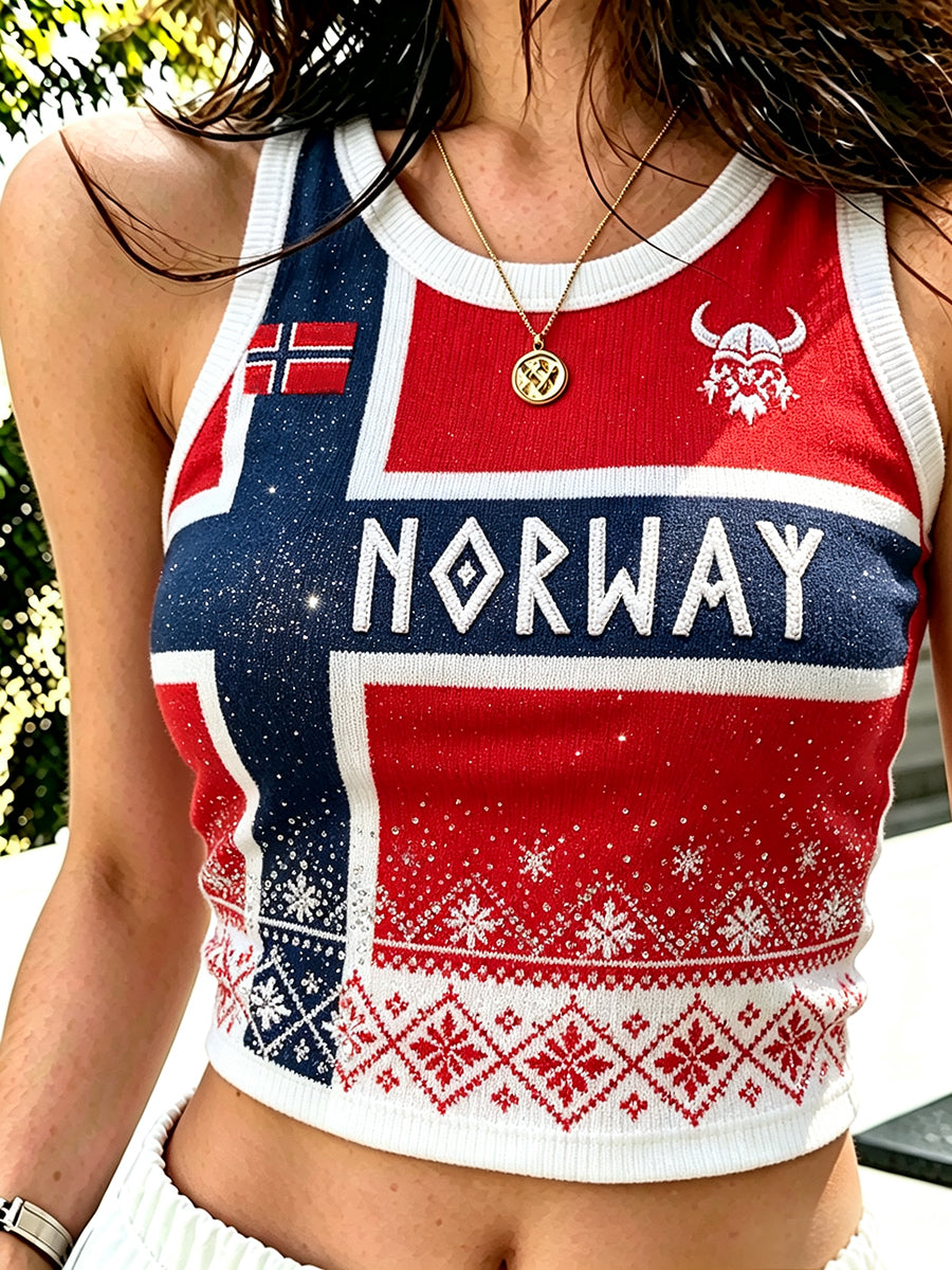 Kvinners Etnisk Norge-mønster Flaggetrykk Fritidsvest