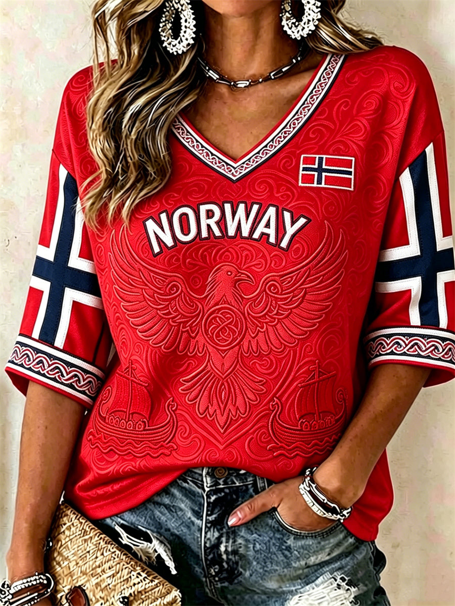 Kvinner Norge Viking Raven & Skip Celtic Knutflagg Skriv ut midt lengde ermer V-hals T-shirt