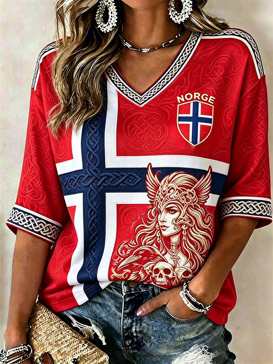 Kvinner Norge Viking kriger Celtic Knutflagg Skriv ut midt lengde ermer V-hals T-shirt