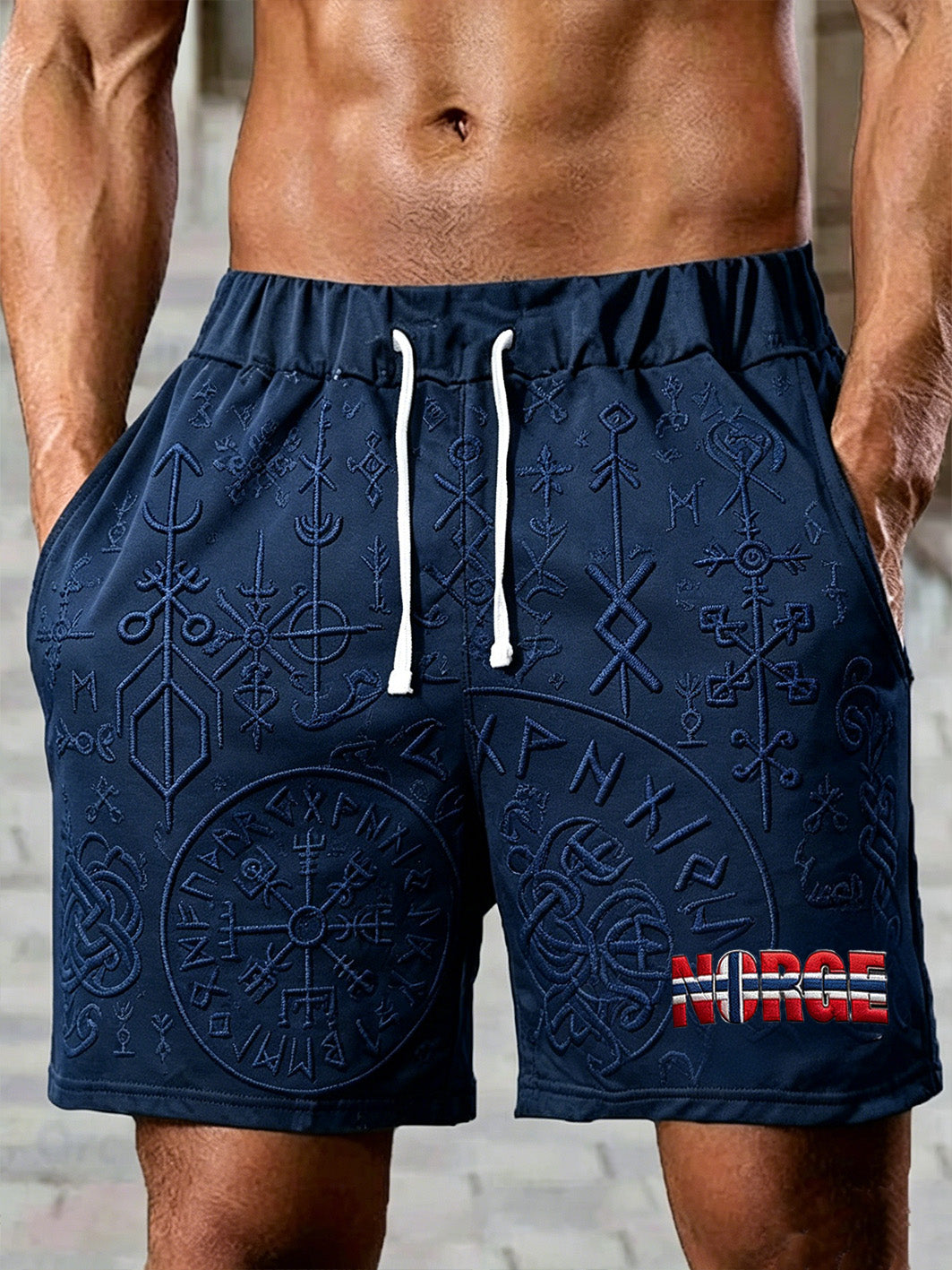 Herrerens retro shorts med norsk vikingmønster