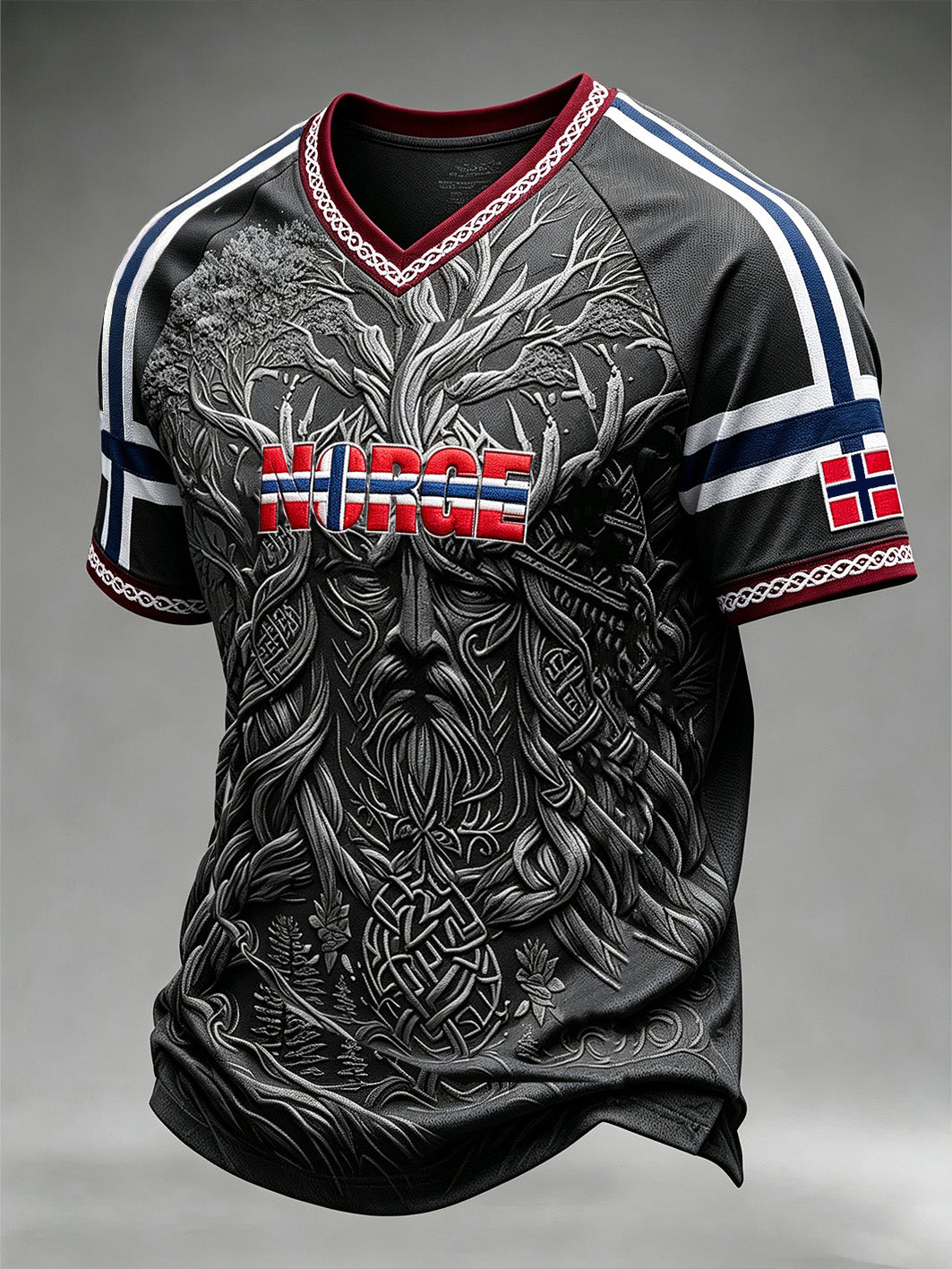 Herrerens retro vikingtrøye med norsk mønster og V-utringning