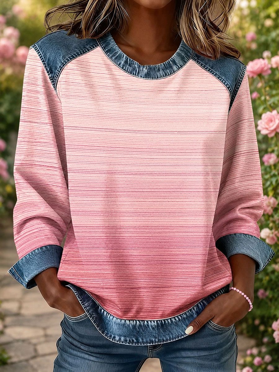 Women's Striped Print Denim Patchwork Top