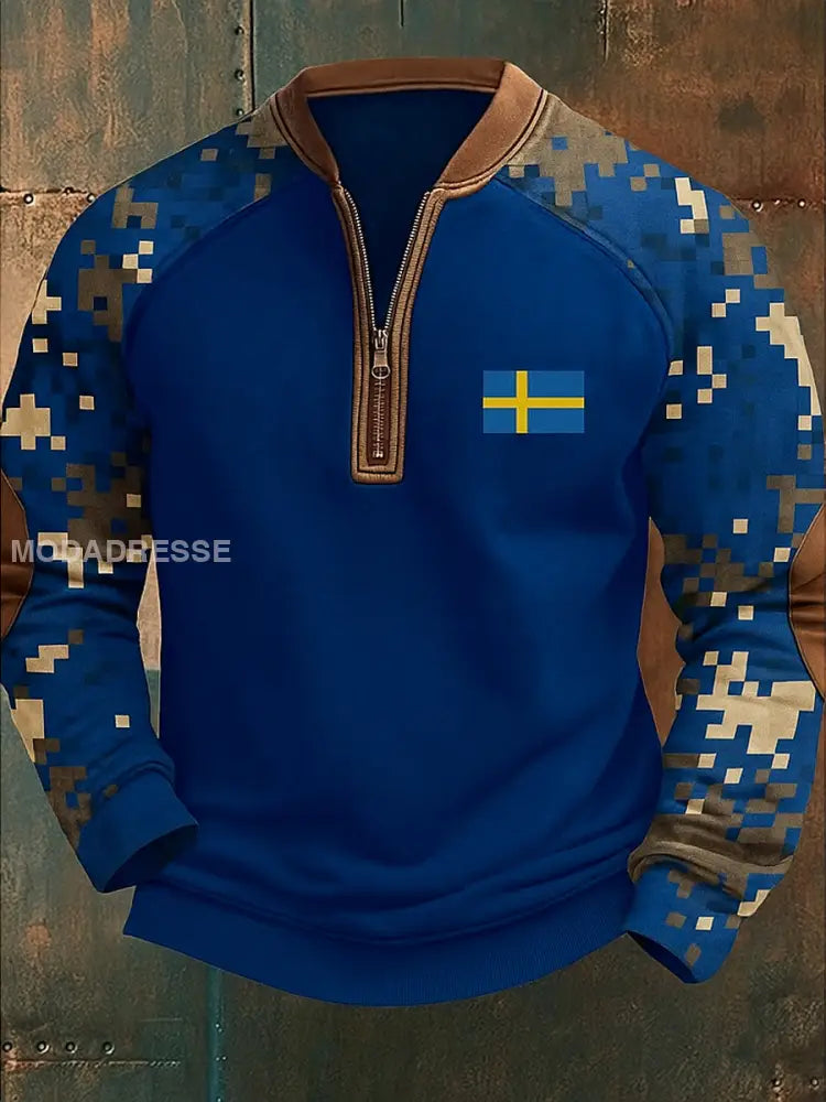 Sverige Flag Camo mönster Tryckt VintageTexture V-Hack stand krage blixtlåslå lång ärm Sweatshirt A / S