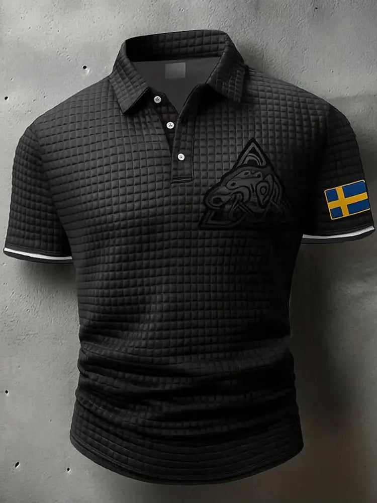 Sverige Flagg Viking konstnärlig tryckt textur V-hals korta ärmar Polo-shirt A / S