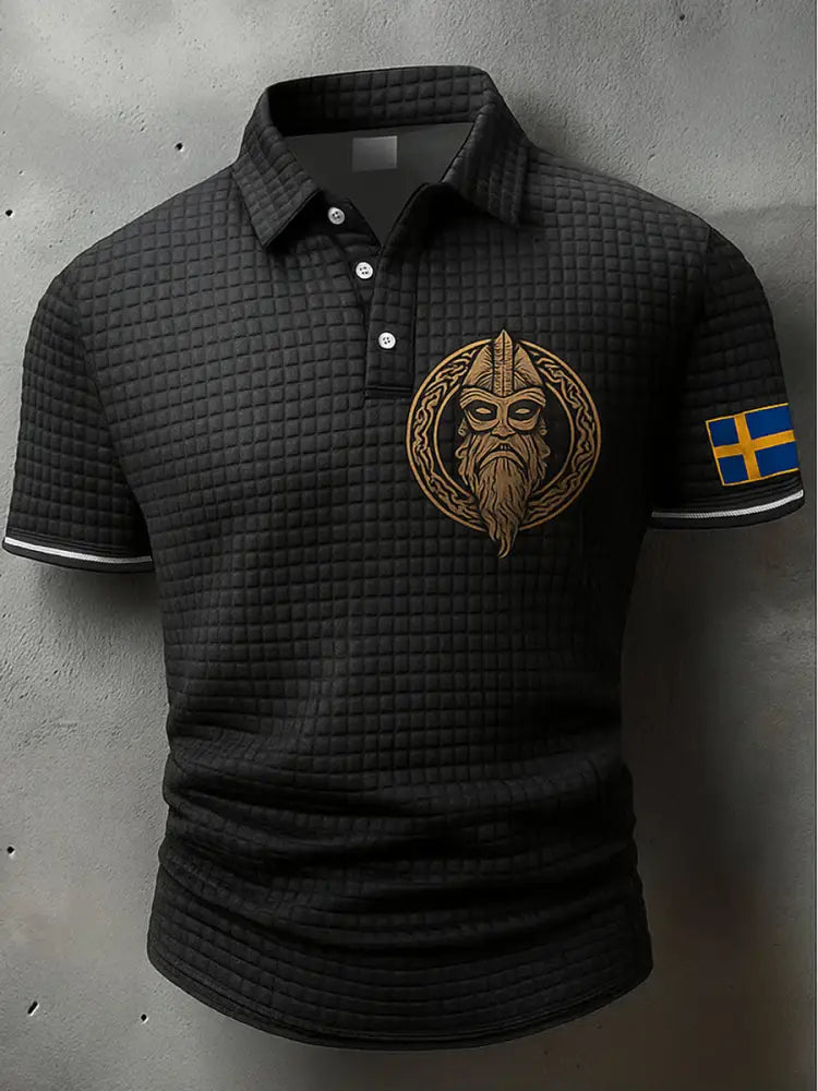 Sverige Flagg Viking konstnärlig tryckt textur V-hals korta ärmar Polo-shirt A / S