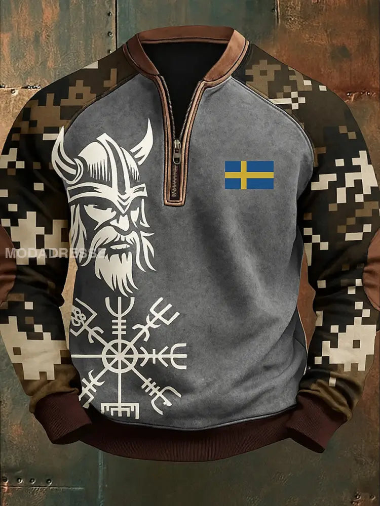 Sverige Flagg Viking mönster Tryckt VintageTexture V-Hack Stand krage blixtlåslå lång ärm Sweatshirt A / S