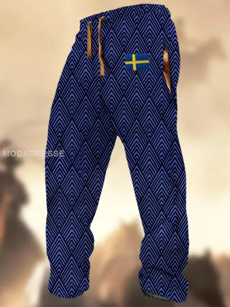 Swedish Flag Graphic Print Textur Logo Stripad Casual Sweatbyxor A / S