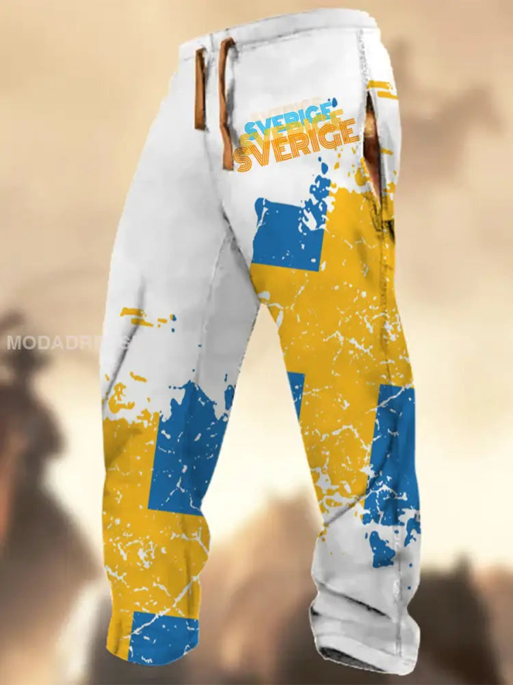 Swedish Flag Graphic Print Textur Logo Stripad Casual Sweatbyxor A / S