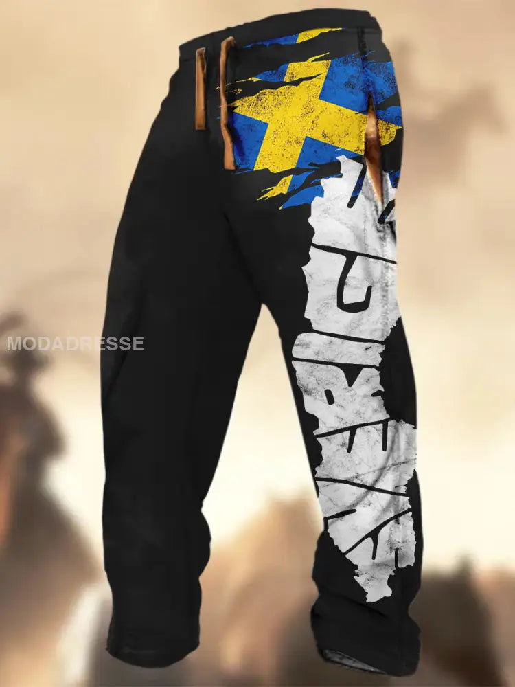 Swedish Flag Graphic Print Textur Logo Stripad Casual Sweatbyxor A / S