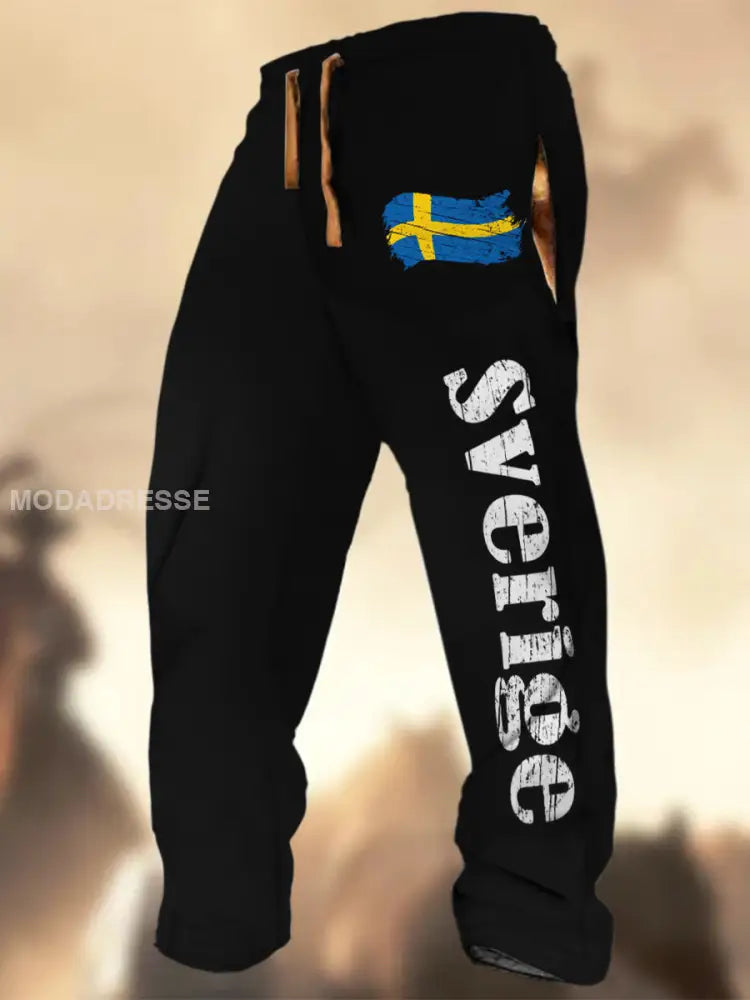 Swedish Flag Graphic Print Textur Logo Stripad Casual Sweatbyxor A / S