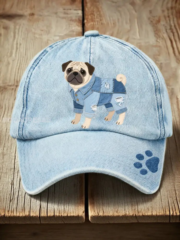 Unisex Denim Patchwork konst Pug mönster tvättad hatt ljusblåa / ONE
