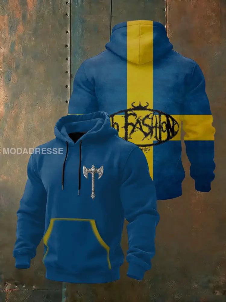 Vibrerande blå Svenska Flagg & Vikingaxe Hoodie för män flerlog / S