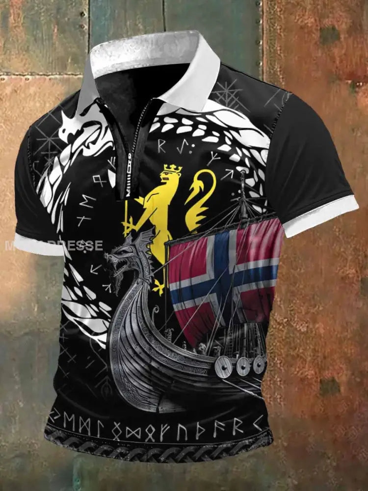 Vikingeskip skriv ut zip-opp Polo hals kort erme T-shirt S