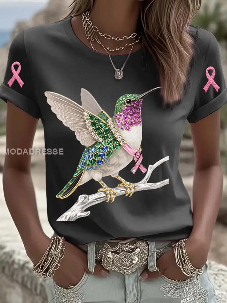 Vintage Bröstcancer Hummingbird Pearls Skriv ut bekväm Casual Cotton Short T shirt grå / S