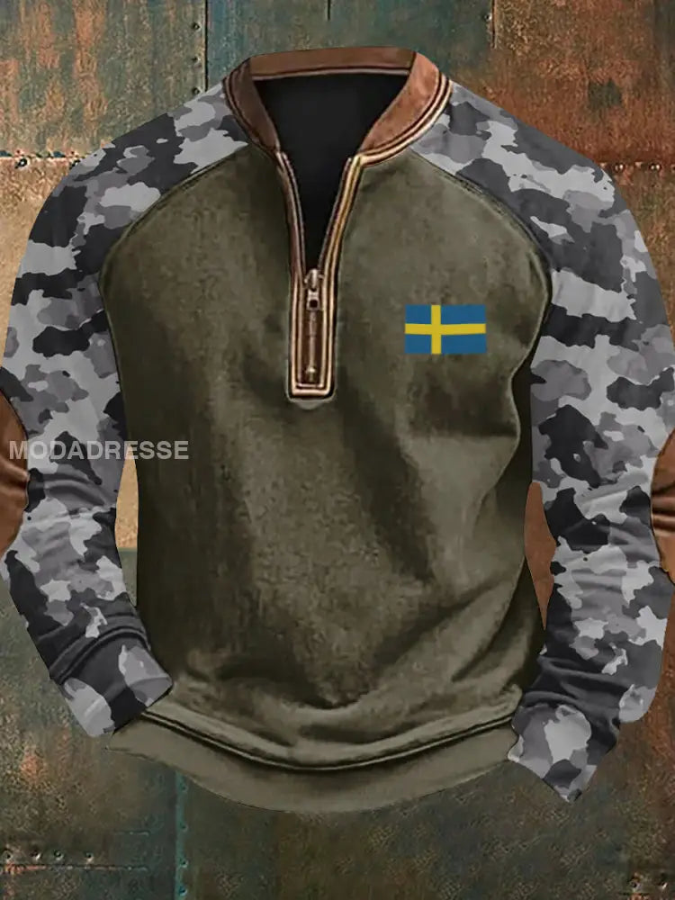 Vintage Camo Sverige Flag Textur mönster Tryckt Western Village Jaktlogo för V-Hack Outdoor Tjock Sweatshirt A / S