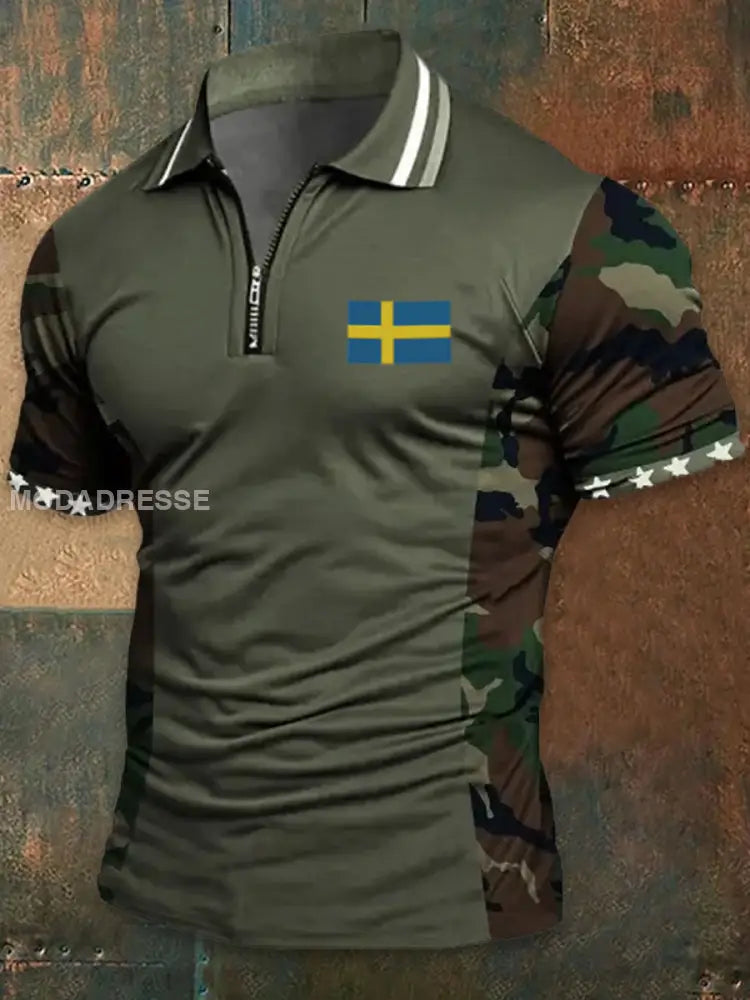 Vintage Camo Sverige Flag Textur tryckt atletiskt blixtlås V-hals korta ärmar henskjort A / S
