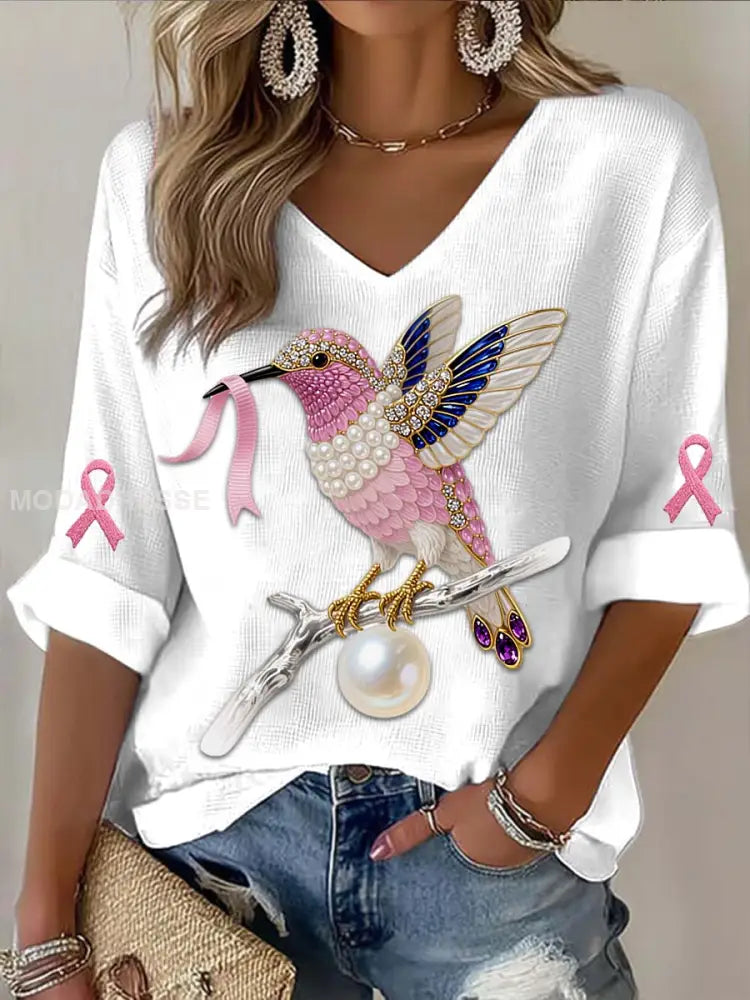 Vintage Hummingbird färgglada pärlor Bröstcancer Skriv ut Casual bomull Lång ärm T shirt vitt / S