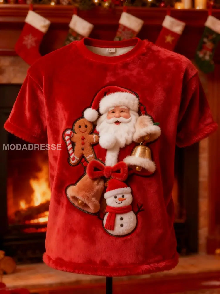 Vintage jultomten tryck plush med kortärmad T-shirt röd / S