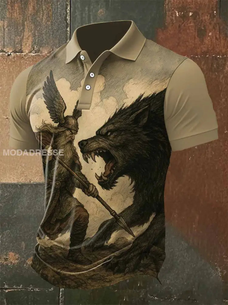 Vintage Pikétröja Med Tryck Från Viking Odin Och Fenrir För Män som bild / S