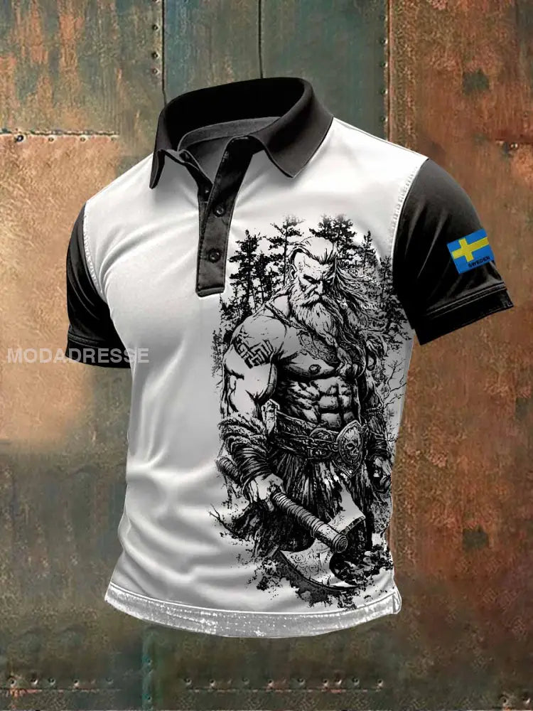 Vintage Svensk Vikingatryckt Avslappnad Pikétröja För Män som bild / S