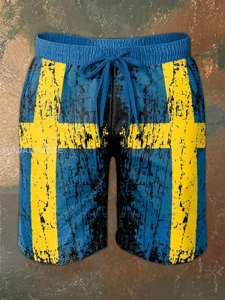 Vintage Svenska Flag Tema Print Casual Shorts som bild / S