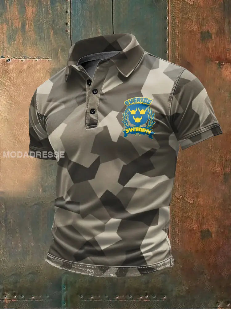 Vintage Svenska Kamouflage Tema Tryckt Casual Polo tröj som bild / M