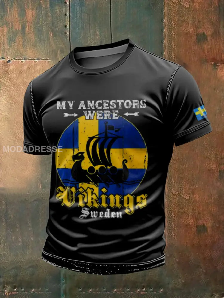 Vintage Svenska Mina förfäder är Vikings Tryckt Casual T-shirt som bild / S