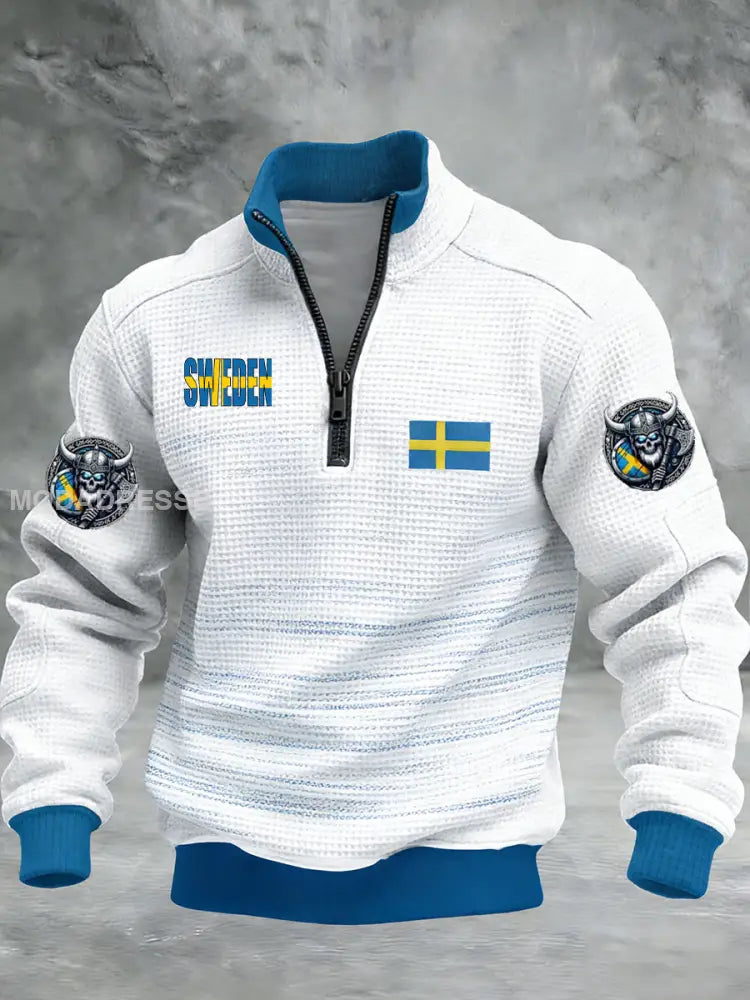 Vintage Viking Svenska flaggmärke mönster Zip-Up Bekväm Pullovere A / S