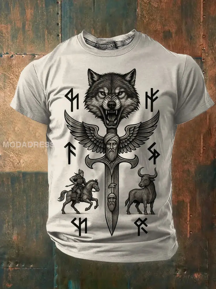 Vintage Viking Wolf Totem Skriv ut Casual T-shirt som bild / S