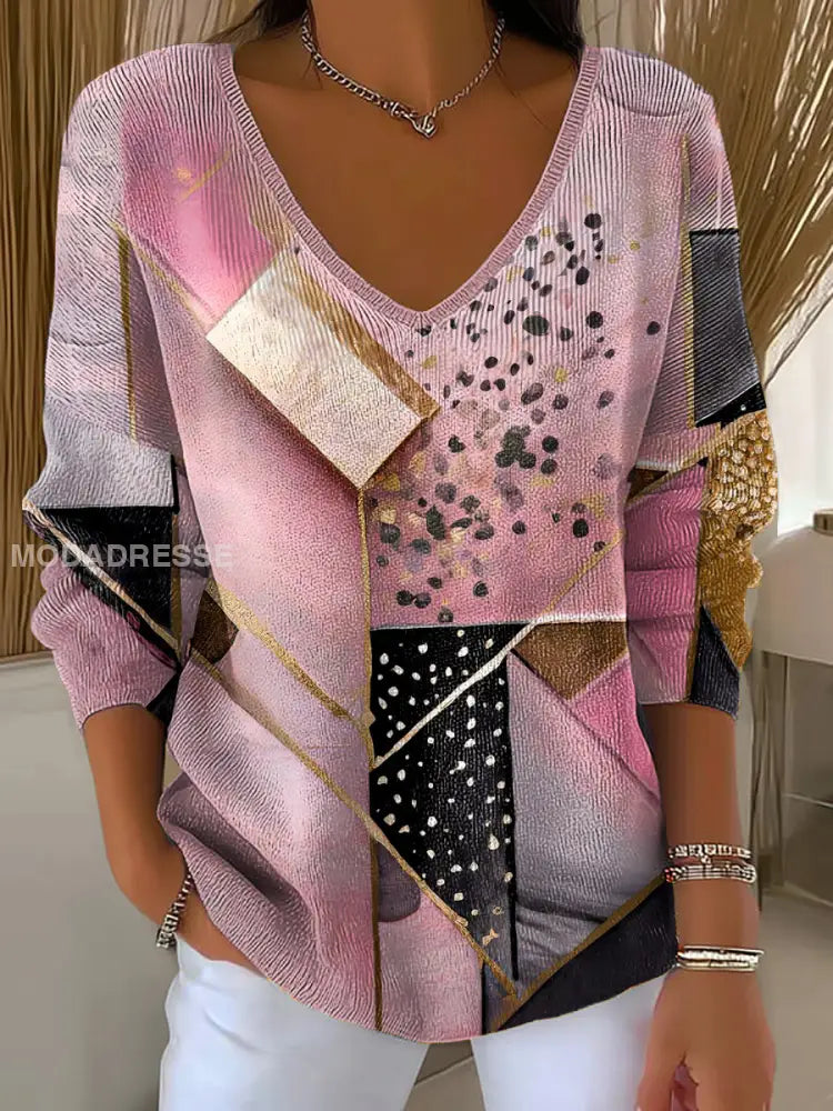 Womems rosa konst tryckt V-hals topp runk / S