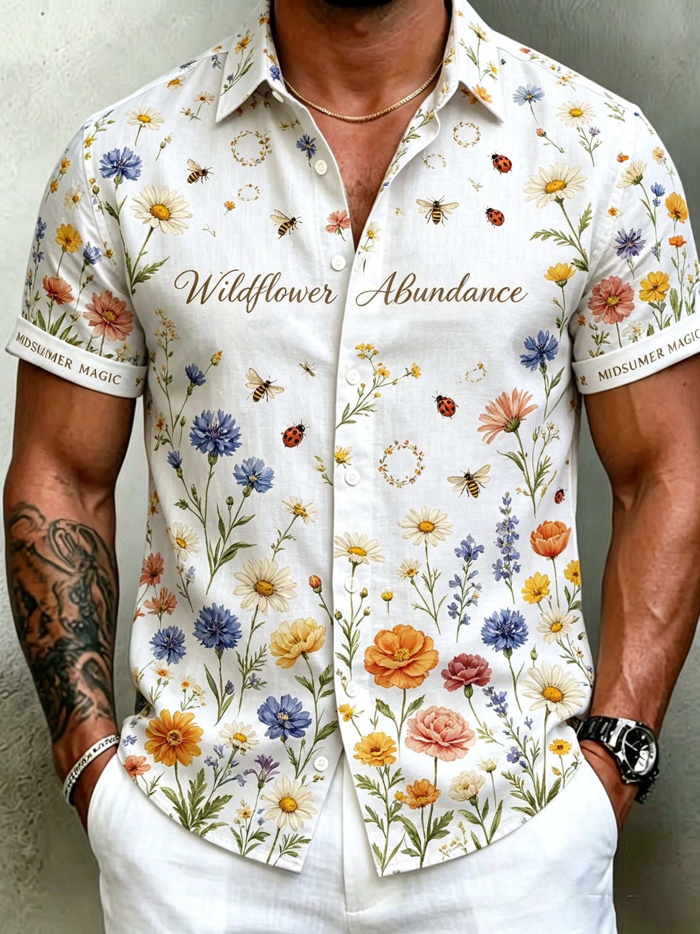 Herrretro svensk midsommarfolkaldrigblommig bomull-linne skjorta med korta ärmarna