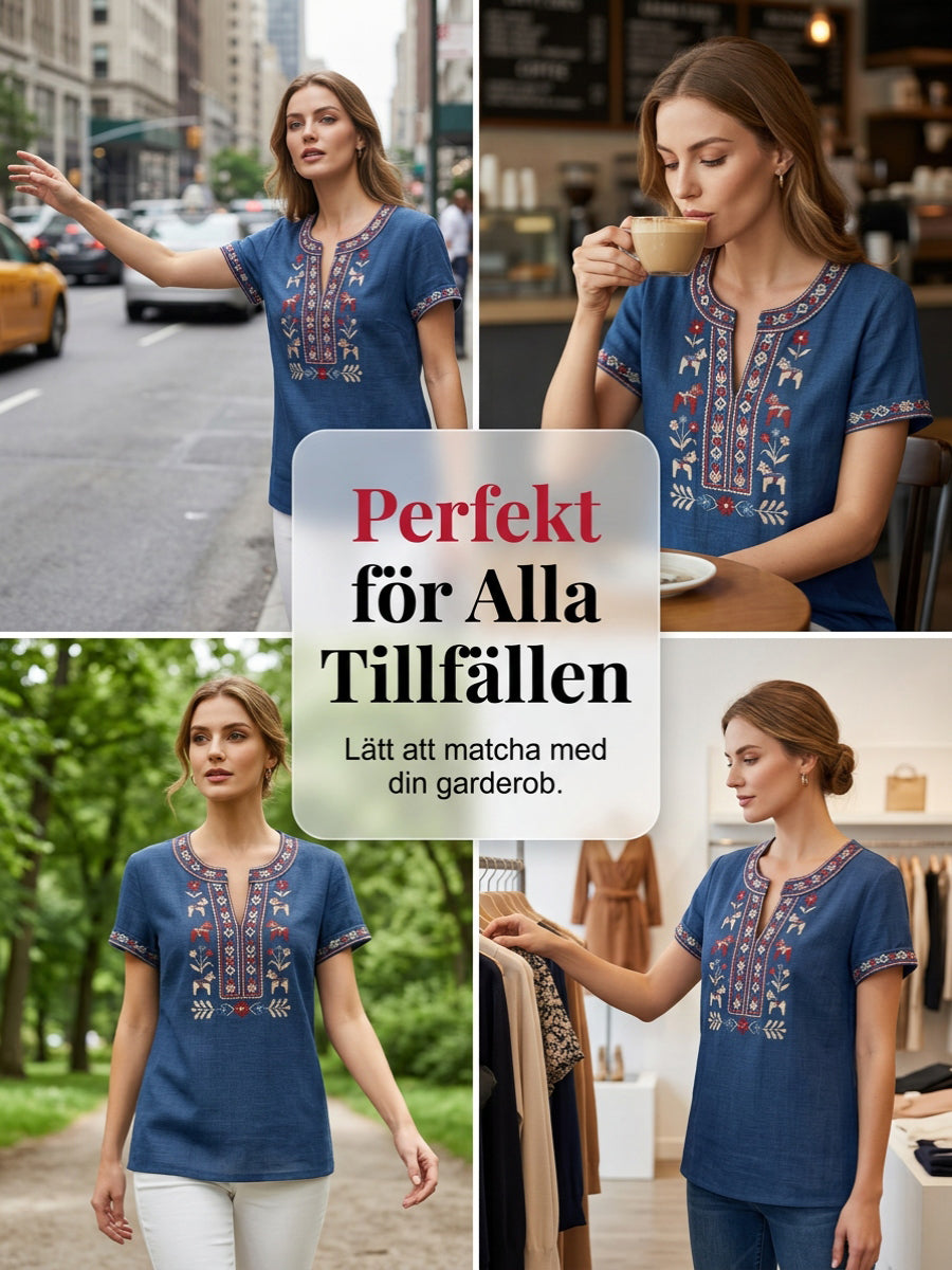 Dams retro svensk midsommarblommig patchwork-löpare casual t-shirt