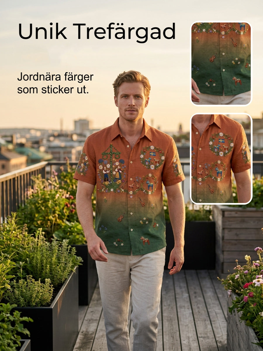Herrskjortor i retrostil med svensk midsommar- och folkdräktsmotiv i bomull-linne, kortärmade