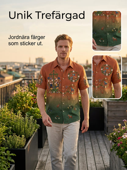 Herrskjortor i retrostil med svensk midsommar- och folkdräktsmotiv i bomull-linne, kortärmade