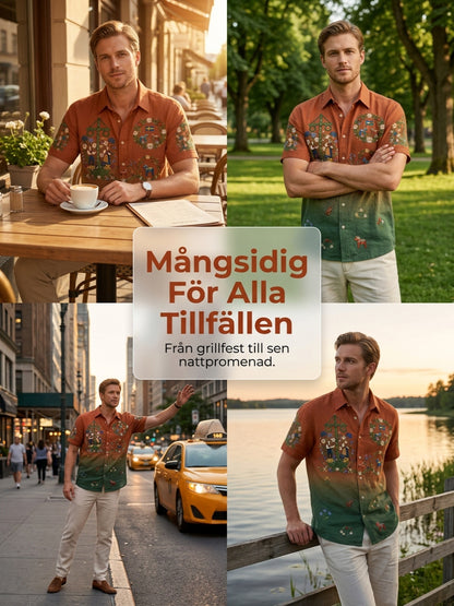 Herrskjortor i retrostil med svensk midsommar- och folkdräktsmotiv i bomull-linne, kortärmade