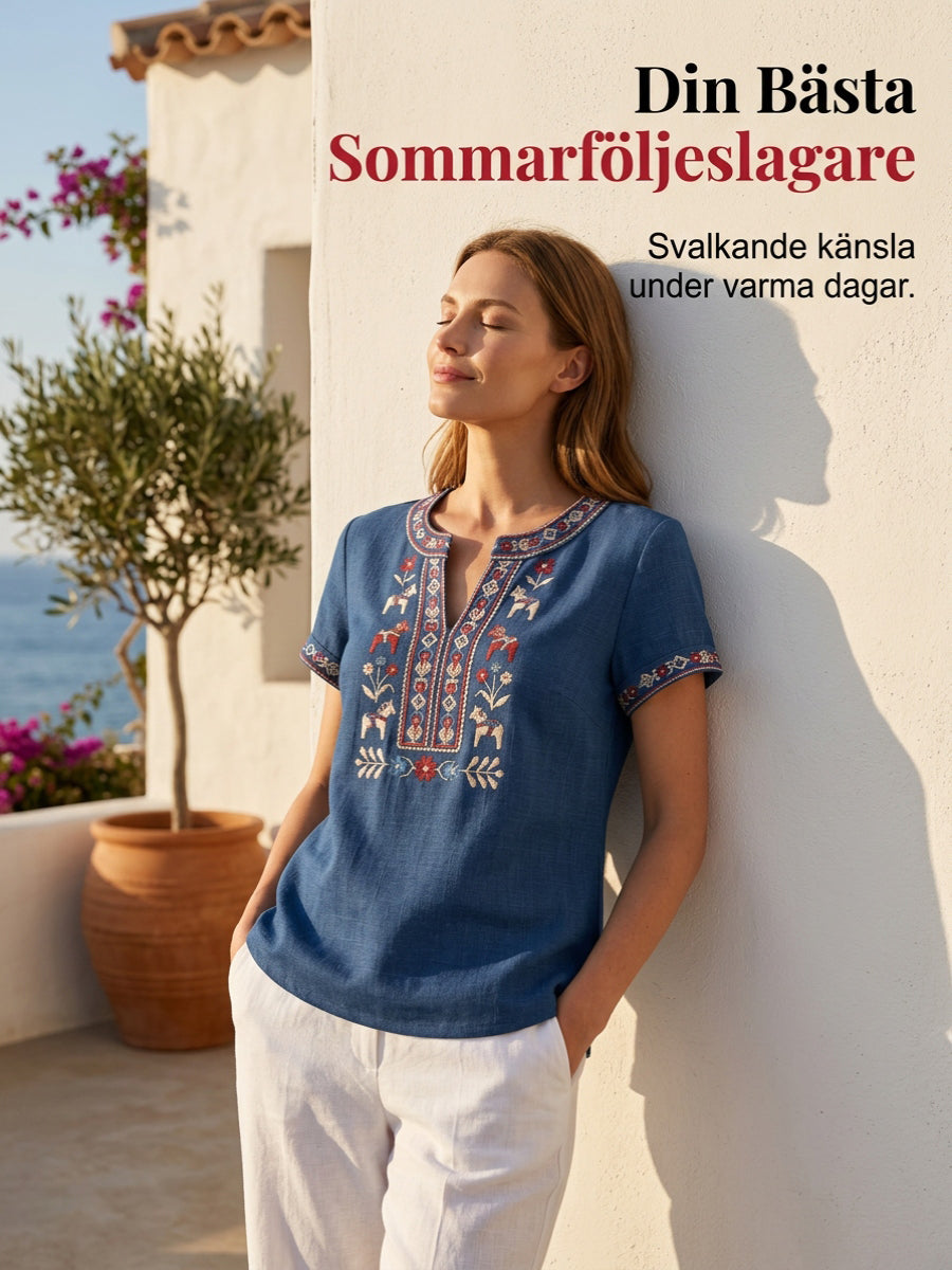 Dams retro svensk midsommarblommig patchwork-löpare casual t-shirt