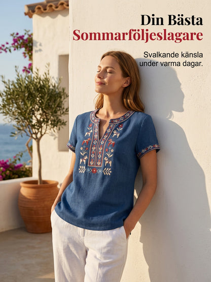 Dams retro svensk midsommarblommig patchwork-löpare casual t-shirt