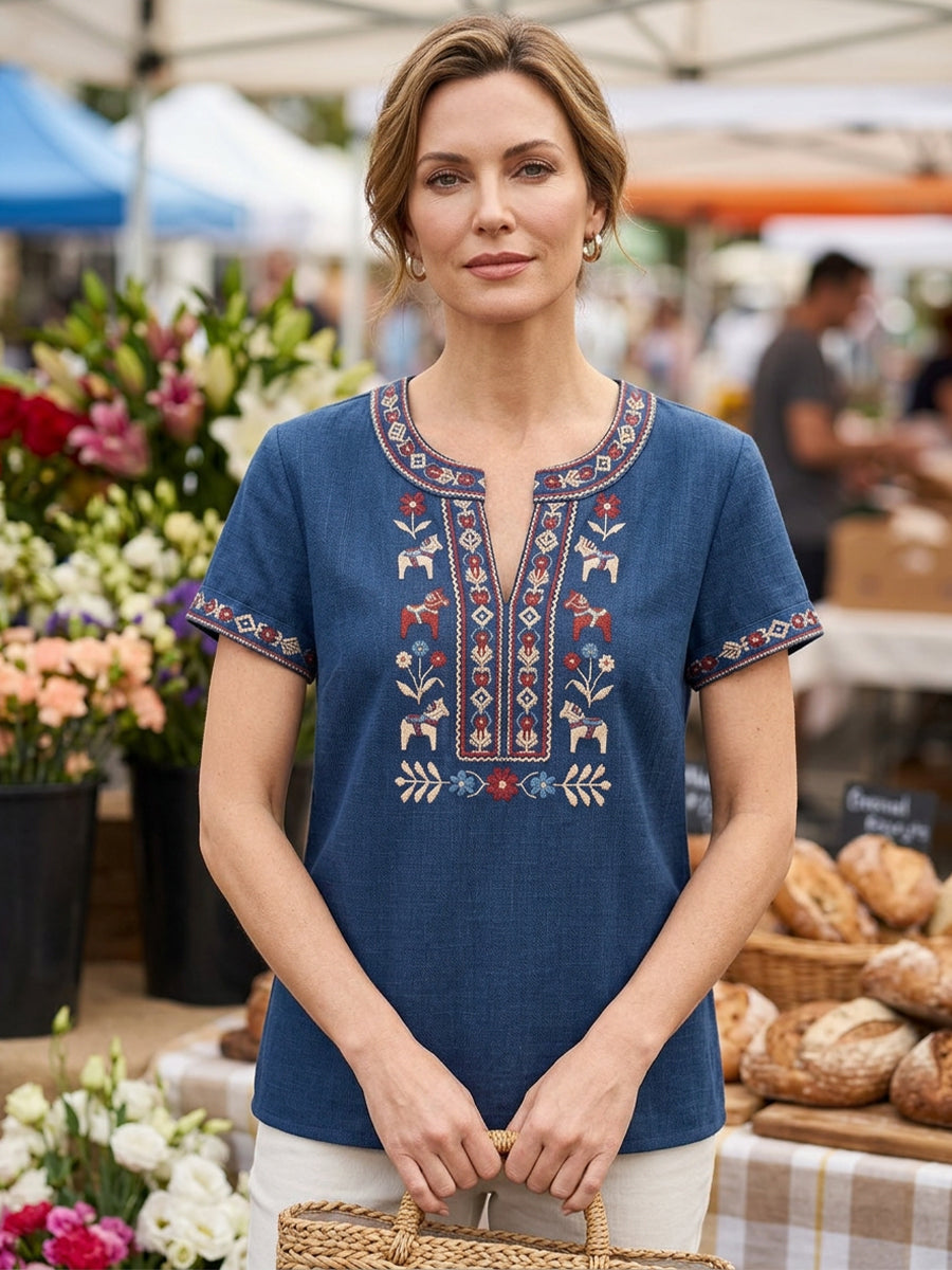 Dams retro svensk midsommarblommig patchwork-löpare casual t-shirt