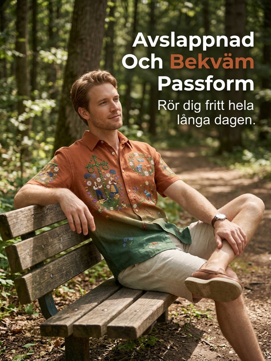 Herrskjortor i retrostil med svensk midsommar- och folkdräktsmotiv i bomull-linne, kortärmade