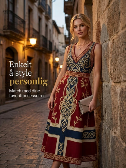Damekjole i nordisk vikingstil med trykket kunstmotiv