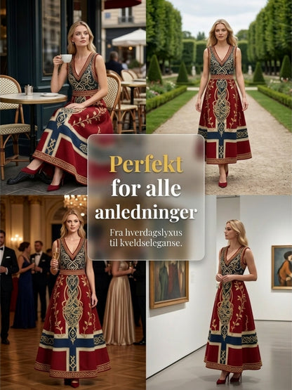 Damekjole i nordisk vikingstil med trykket kunstmotiv