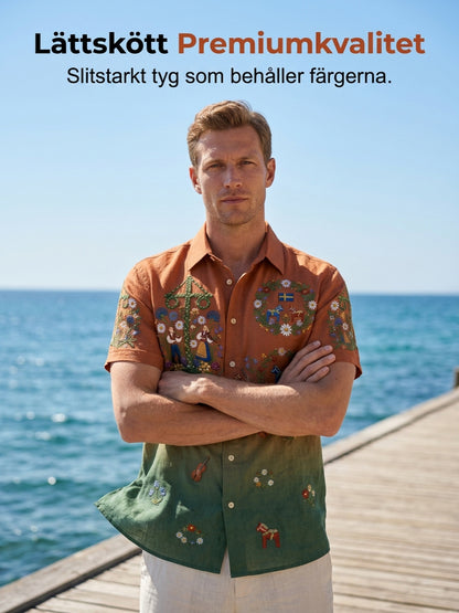 Herrskjortor i retrostil med svensk midsommar- och folkdräktsmotiv i bomull-linne, kortärmade