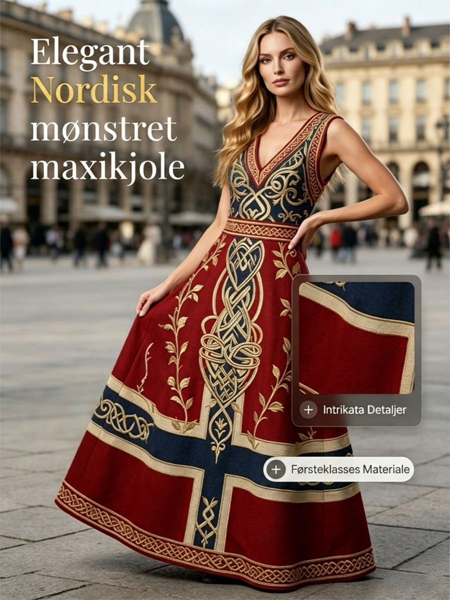 Damekjole i nordisk vikingstil med trykket kunstmotiv